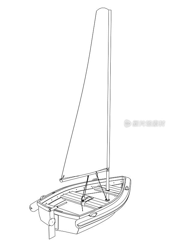 一艘小船的轮廓与帆由孤立在白色背景上的黑线制成。后视图。3 d。矢量插图。